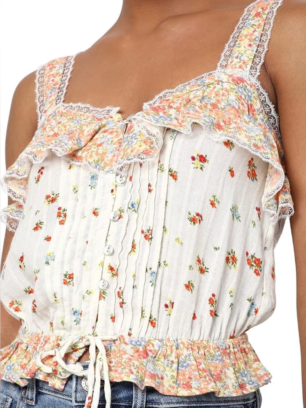 Abercrombie Fitch Cream Floral Ruffle Cropped Cami